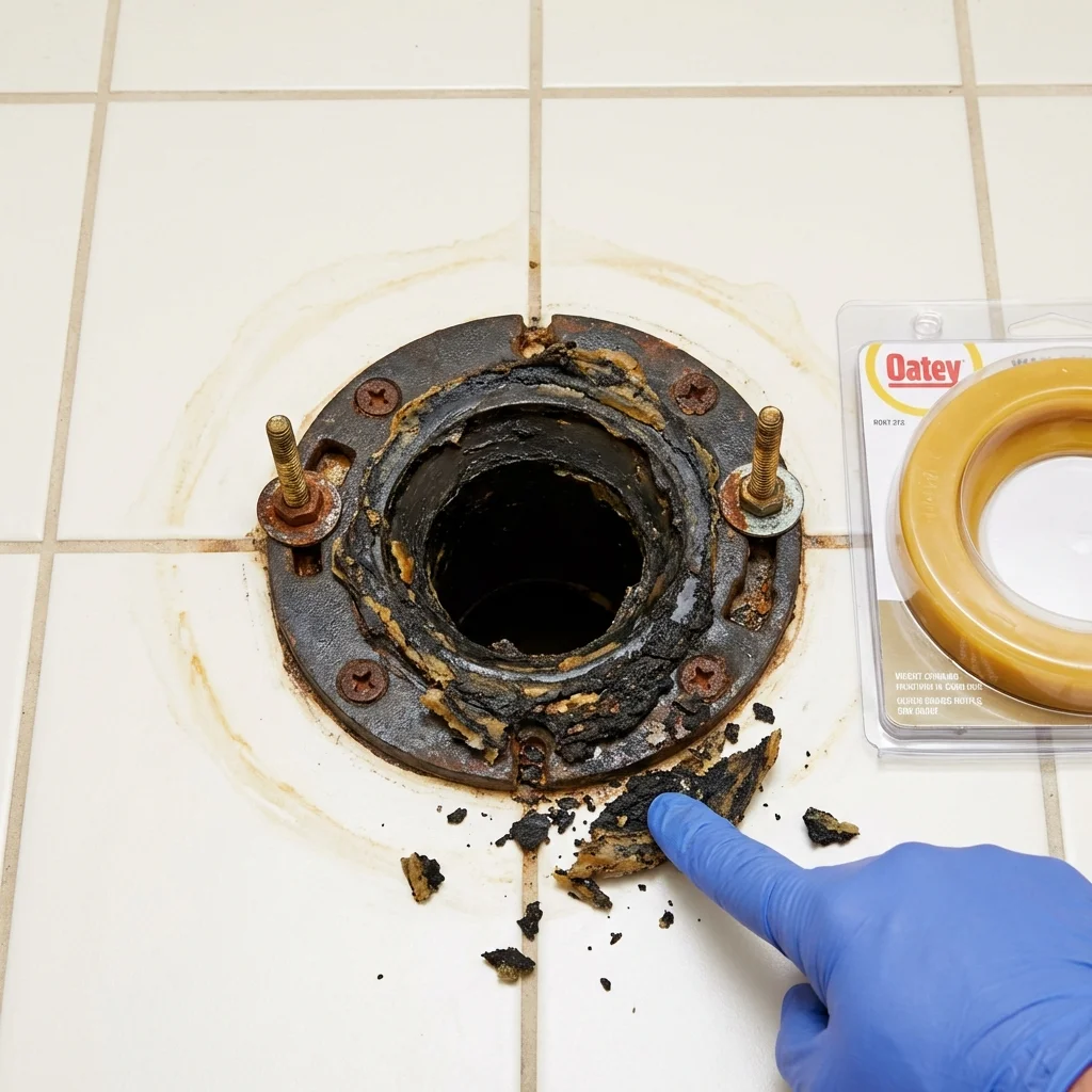 Failed wax ring showing water seepage at the base of a toilet in a Antioch, IL home