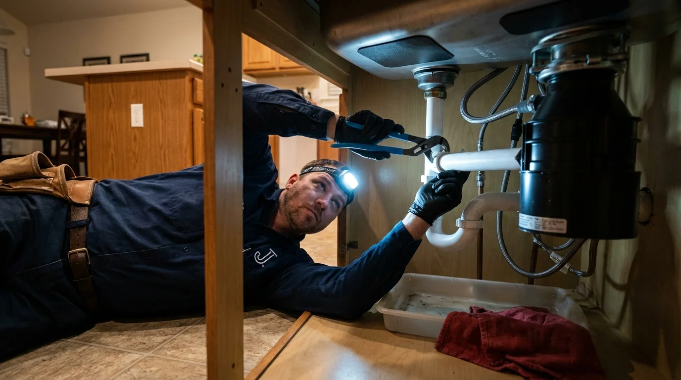 P-trap and supply line connections under a kitchen sink showing a common leak point in Antioch, IL